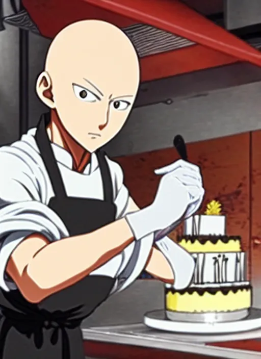 Image similar to chef saitama one punch man, dressed as a pastry chef, fiercely focused at making a cake, beautiful anime artwork