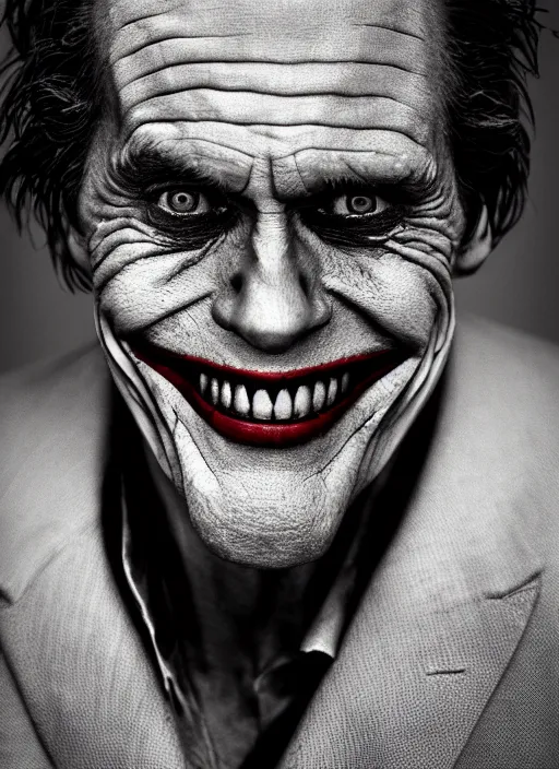 Prompt: photo of Willem Dafoe as the Joker by Eolo Perfido and Lee Jeffries, big smile, head shot, detailed, award winning, Sony a7R