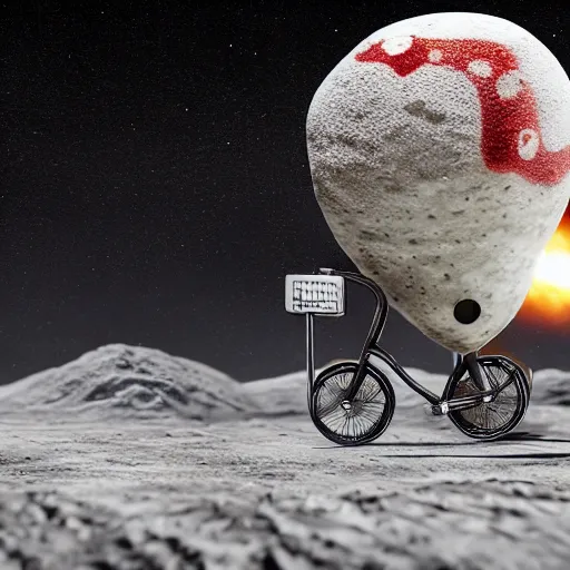 Image similar to a stainless steel bike, with swiss cheese wheels, there is a rat cycling on the surface of the moon and, drives away from a huge dangerous mushroom, explosion clouds. photorealistic