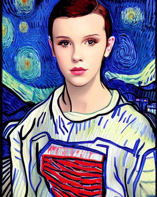 Image similar to portrait of cyberpunk millie bobby brown by vincent van gogh, digital art