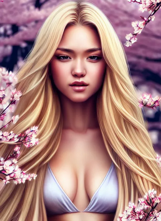 Prompt: photo of a gorgeous female with long blonde hair in the style of stefan kostic, realistic, body shot, sharp focus, 8 k high definition, insanely detailed, intricate, elegant, art by stanley lau and artgerm, cherry blossoms