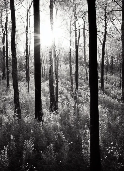 Prompt: black and white artwork of a forest at sunset, with yellow sunlight