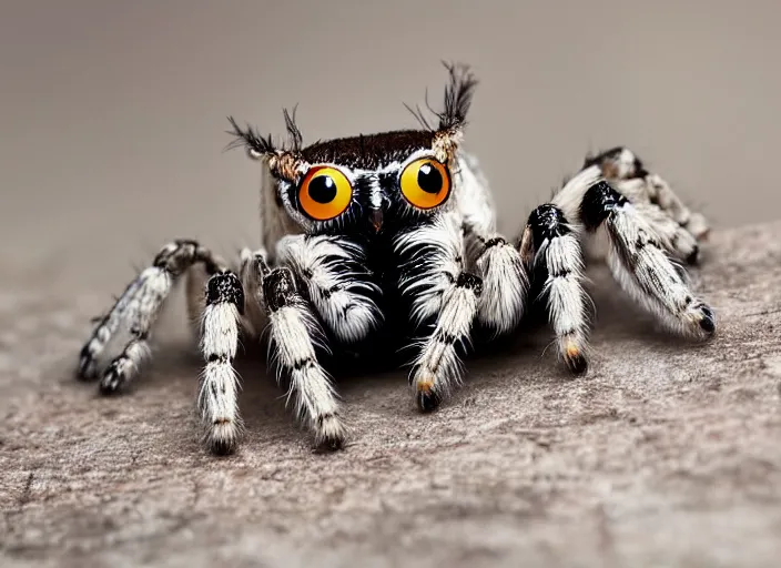 Image similar to jumping spider mixed with owl, highly detailed, macro lens,