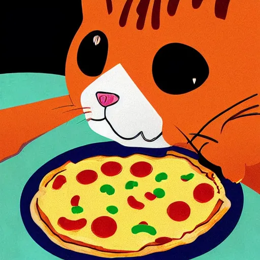 Prompt: cat eating pizza, digital art