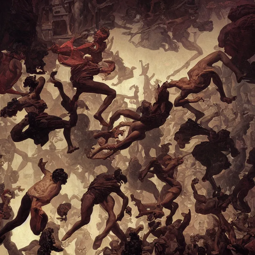 Prompt: a baroque neoclassicist close - up painting of black and white people jumping out of picture frames. reflective detailed textures. glowing colorful fog, black background. highly detailed fantasy science fiction painting by moebius, norman rockwell, frank frazetta, and syd mead. rich colors, high contrast. artstation