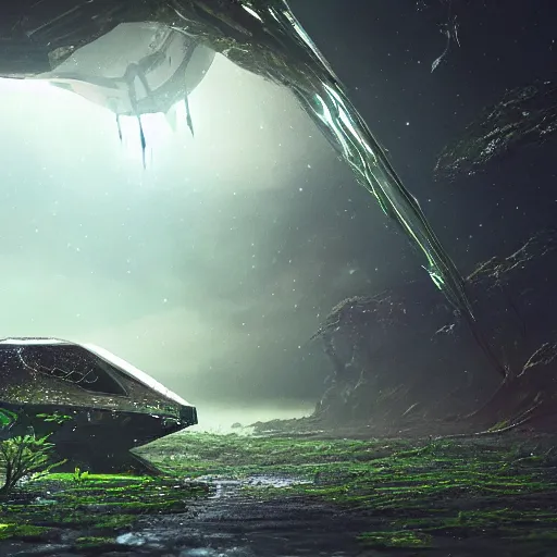 Prompt: an alien spaceship abandoned on a fairy biome, digital art, wet reflections, unreal engine 5, intricate details, fantasy, hyper realism, humongous view, rtx, smooth, cinematic