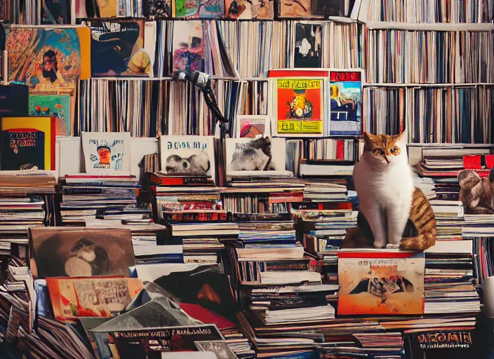 Image similar to photography of a Cat sitting on a pile of books and vinyls. a record player is in the shot. in a room full of vinyls and posters out of the 70's, photorealistic, raining award winning photo, 100mm, sharp, high res