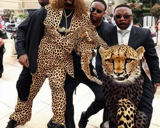 Image similar to cult worship of a angel pimp. the pimp is swagged out to the max. the pimp is wearing a cheetah. he loves the cheetah. he is the cheetah's actual dad.