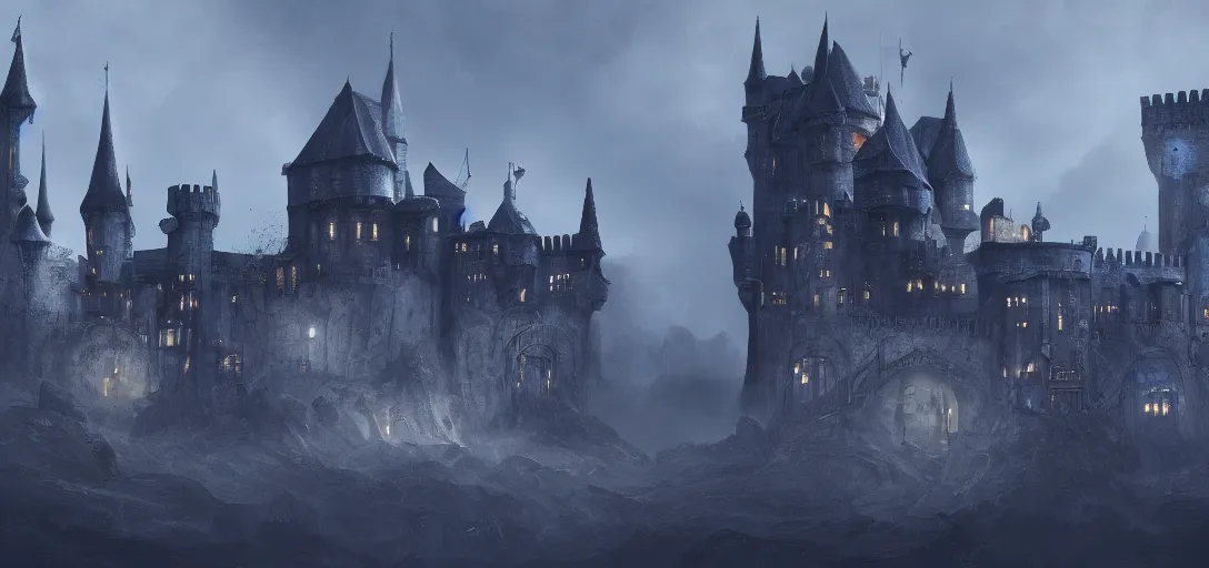 Image similar to A digital concept art painting of a dark blue medieval fantasy european ghotic castle with black brick in desert, 4K UHD image, unreal engine