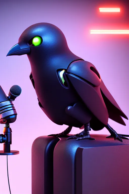 Image similar to high quality 3 d render very cute cyborg crow! next to shure 5 5 s microphone!, cyberpunk highly detailed, unreal engine cinematic smooth, in the style of blade runner & detective pikachu, hannah yata charlie immer, moody light, low angle, uhd 8 k, sharp focus