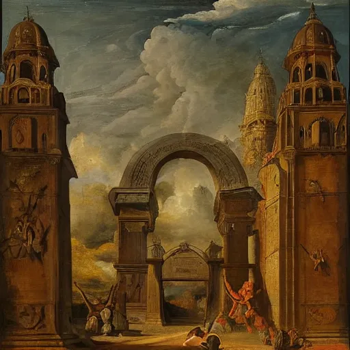 Image similar to In the center of the painting is a large gateway that seems to lead into abyss of darkness. On either side of the gateway are two figures, one a demon-like creature, the other a skeletal figure. in India by David B. Mattingly, by Frans Francken the Younger funereal