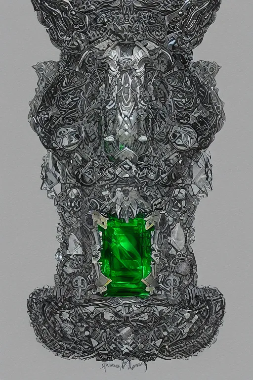 Image similar to an ancient white bone and emerald gemstone relic, intricate engraving, concept art style