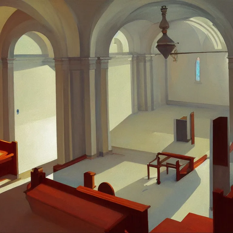 Image similar to empty church interior, painted by Edward Hopper, painted by James Gilleard, airbrush