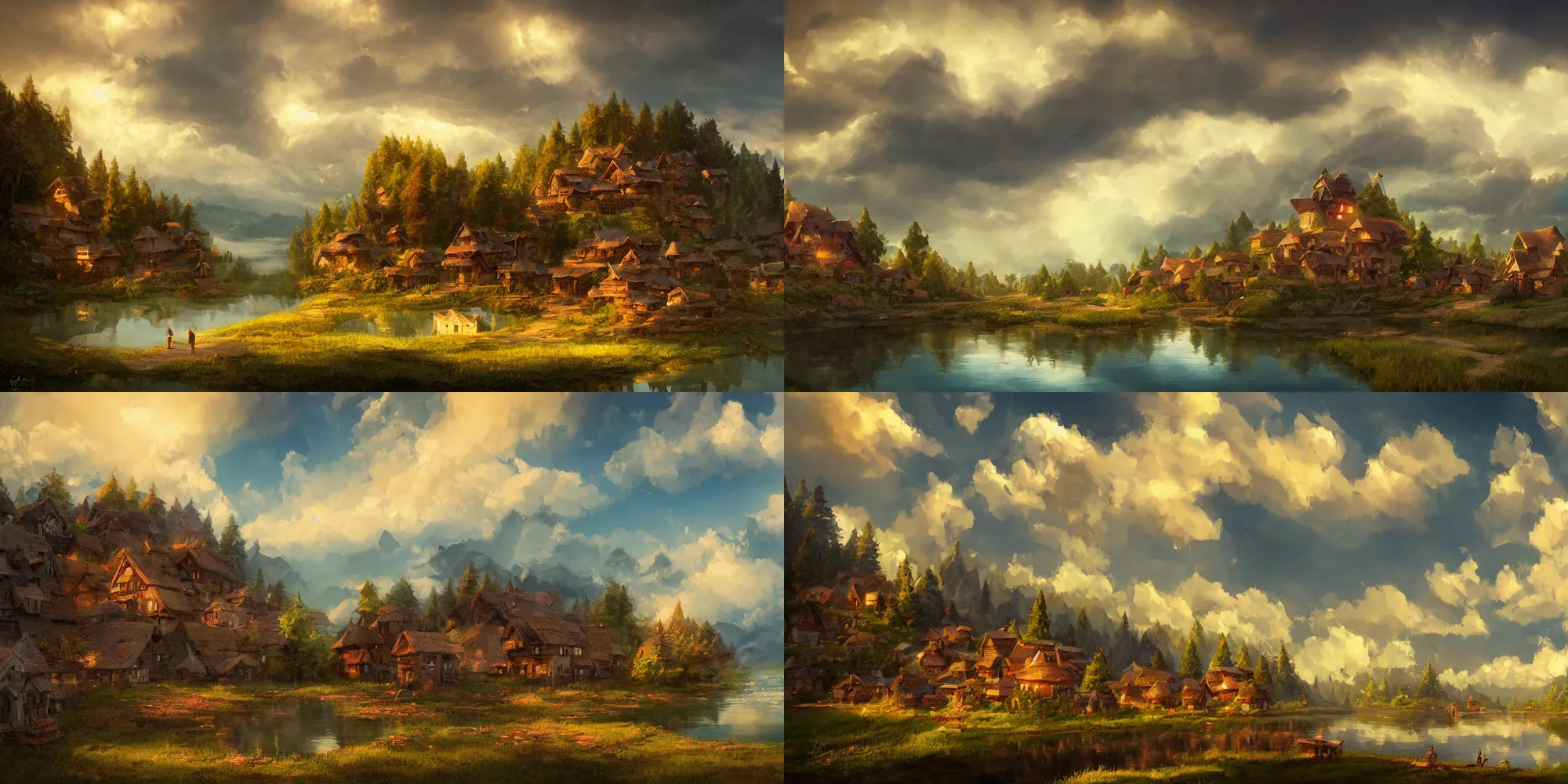 Prompt: A beautiful painting of a small fantasy village near a lake, cumulus clouds, dramatic composition, cinematic, concept art, golden ratio, matte painting, Marc Simonetti, Sergey Vasnev, Anato Finnstark, artstation, 8k, high resolution