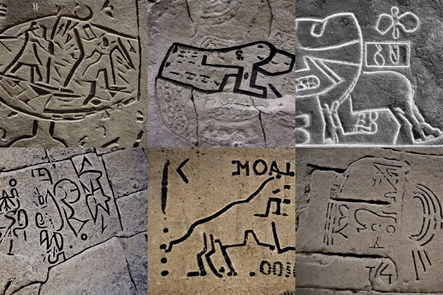 Prompt: stone age petroglyph of the stock market, stocks plummeting, in the Museum of Ancient History