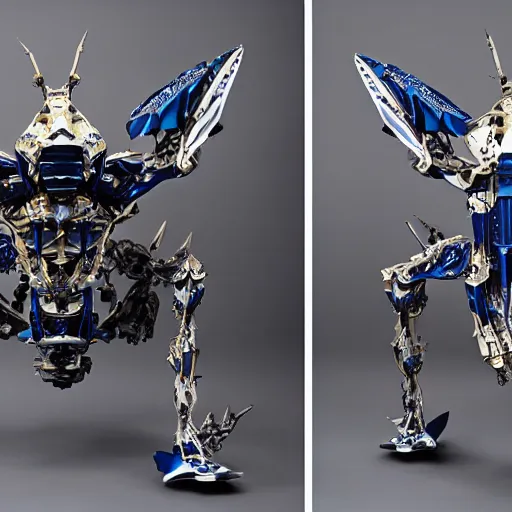 Image similar to shark themed sapphire mechanical exoskeleton wearing hardsurface armour, inlaid with gold rococo, bladed wings lace wear, sculpted spider zero, frank gehry, stephan martiniere, missle turrets, hyper detailed, custom mecha # frank gehry # spider zero