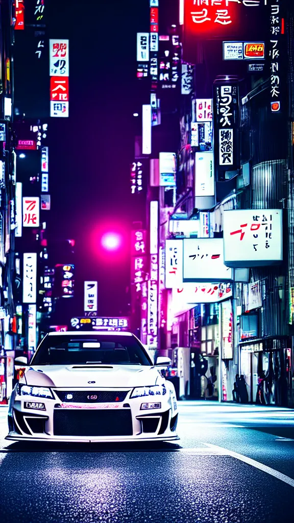 Image similar to a car drift spec BN-sports JZX100 in middle of road, shibuya prefecture, city sunset street lights, cinematic color, photorealistic, highly detailed