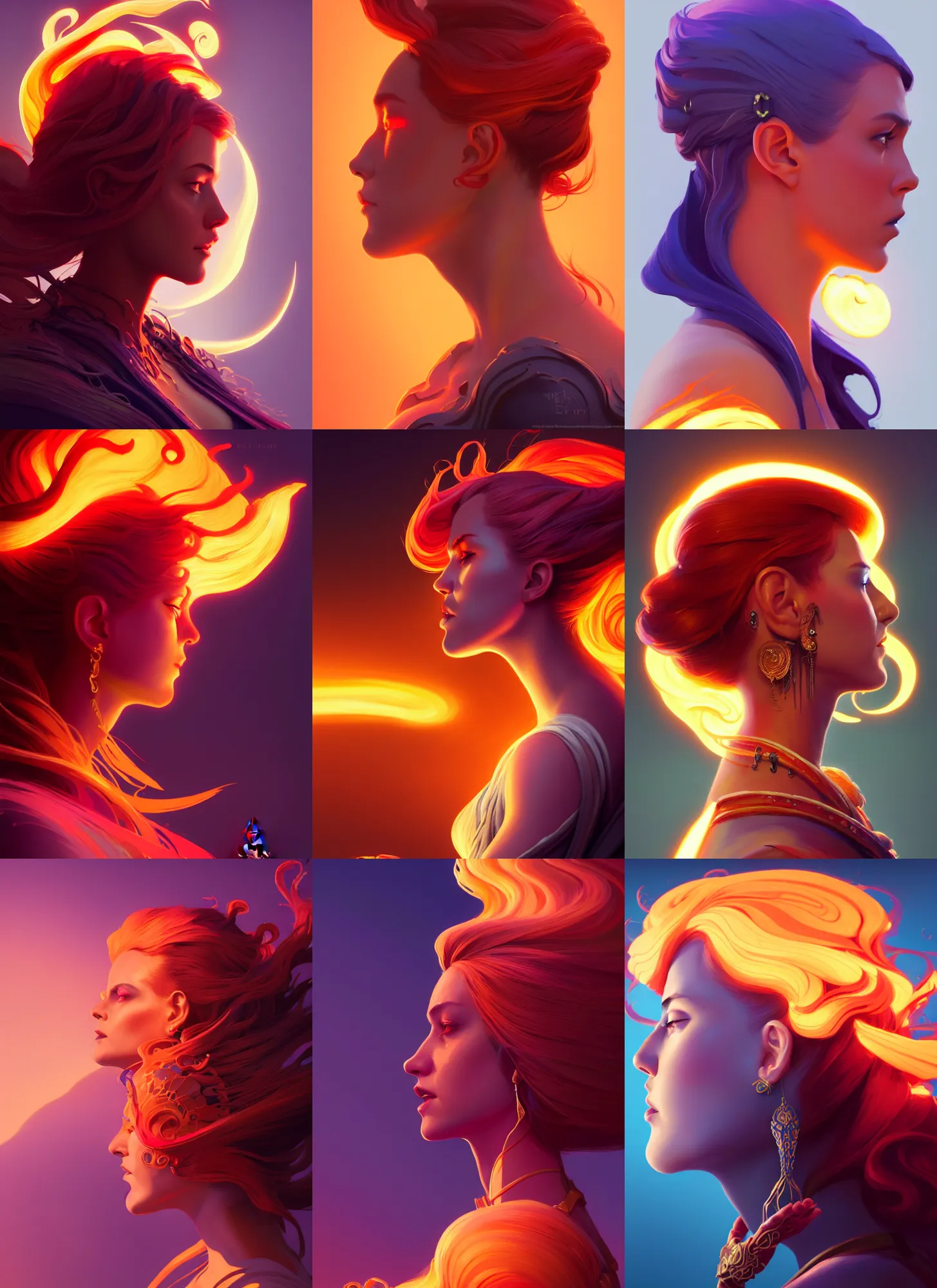 Prompt: side profile centered painted portrait, female fire elemental, D&D, Gloomhaven, matte painting concept art, art nouveau, beautifully backlit, swirly vibrant color lines, fantastically gaudy, aesthetic octane render, 8K HD Resolution, by ilya kuvshinov and Cushart Krentz and Gilleard James