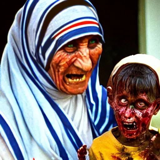 Image similar to zombie mother teresa giving food out at an orphanage