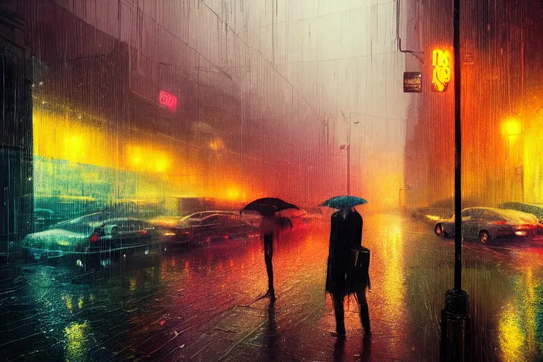 Image similar to city slow exposure, rain like a dream, oil painting, cinematic, surreal, dramatic, otherworldly, dreamlike, soft volumetric lighting, cyberpunk, basquiat + moebius + francis bacon + gustav klimt + beeple, elevated street art, fantasy lut, textural,