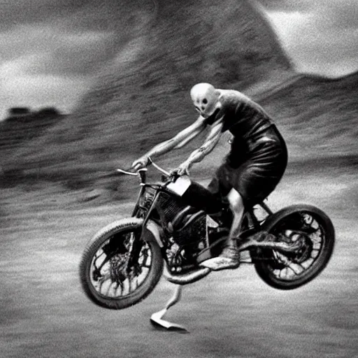 Image similar to nosferatu is riding a motocross, sport photography