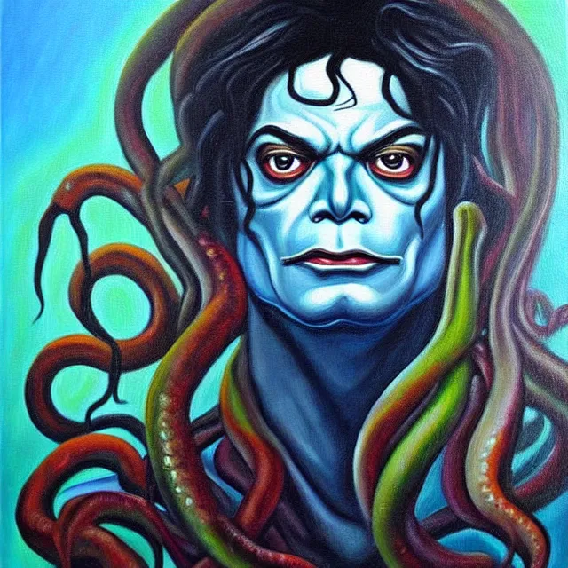 Image similar to a beautiful painting cthulhu mythos michael jackson face, by dana irving realistic oil painting