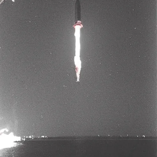 Image similar to “a failed ICBM middle launch 🚀 in the middle of the ocean at night time. The middle is exploding spectacularly and raining down burning pieces of debris.”