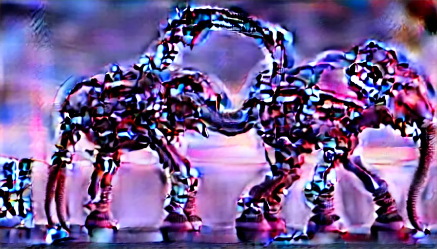 Prompt: a giantic analogic synthsizer with a lot of button potenciometers and iron cables played by a antropomorphic pink elephant, futuristic, cyberpunk, biomechanical, xenomorphic, photorealistic, ultra detailed, 4 k, chomatic aberration, dof
