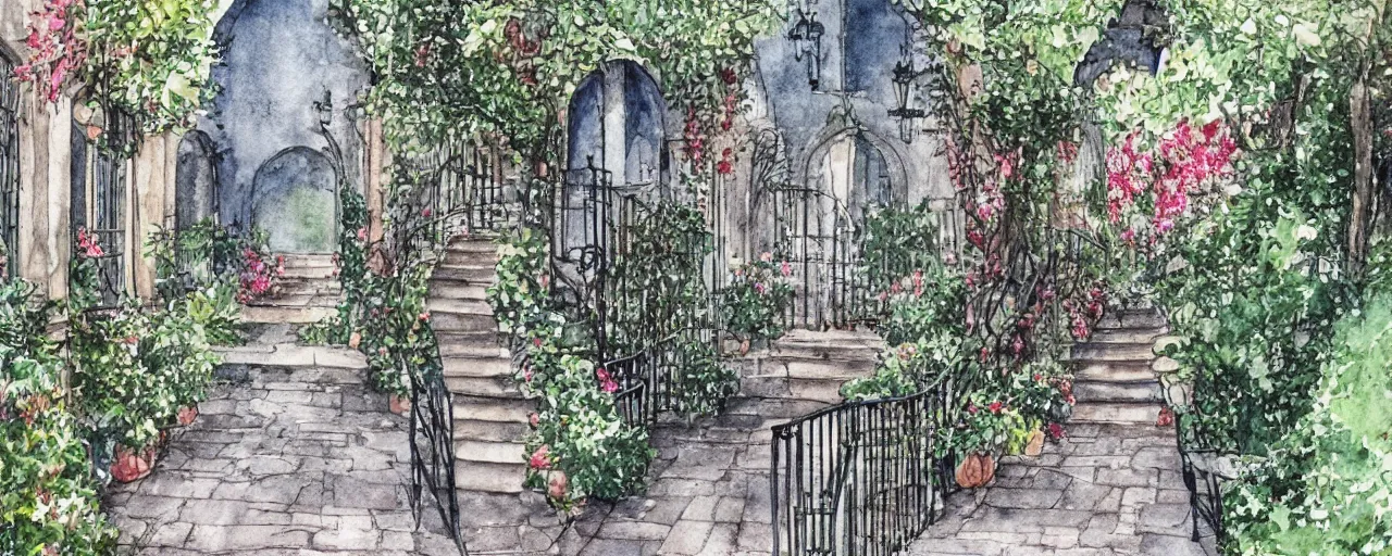 Image similar to courtyard walkway, night castle, stairway, chairs, wrought iron, gate, tree, delicate, botanic garden, garden road, botanical herbarium paper, watercolor colored painting, iridescent colors, 8 k, realistic shaded, fine details, artstation, italian style, colonnade, huge flower