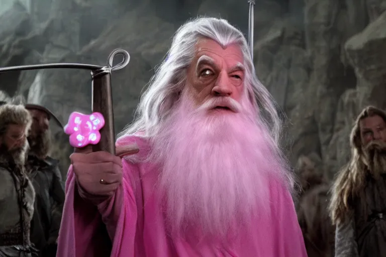 Image similar to short scruffy-looking Gandalf wearing pink Hello kitty costume meets tall regular Gandalf the white, dramatic lighting, movie still from Lord of the Rings, cinematic