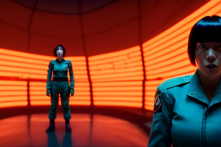 Image similar to major motoko wearing an orange prison jumpsuit, a large hologram of a screaming face dominates the background, photography by fred palacio medium full shot still from bladerunner 2 0 4 9, sci fi, bladerunner, canon eos r 3, f / 3, iso 2 0 0, 1 / 1 6 0 s, 8 k, raw, unedited