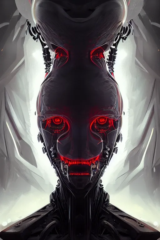 Image similar to professional concept art symmetrical portrait of a horror fractal robotic nightmare species in deep dark room by artgerm and greg rutkowski. an intricate, elegant, highly detailed digital painting, kubism, concept art, smooth, sharp focus, illustration, in the style of cam sykes.