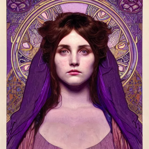 Image similar to purple, character portrait of purple energy, by waterhouse, by mucha, lean face, symmetrical face, face symmetry, cinematic lighting, beautiful, elegant, oil painting, cinematic, portrait, raphaelite, trending on artstation, intricate background