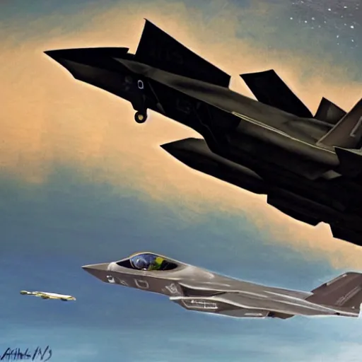 Prompt: f - 3 5 and ufo dogfight, painting