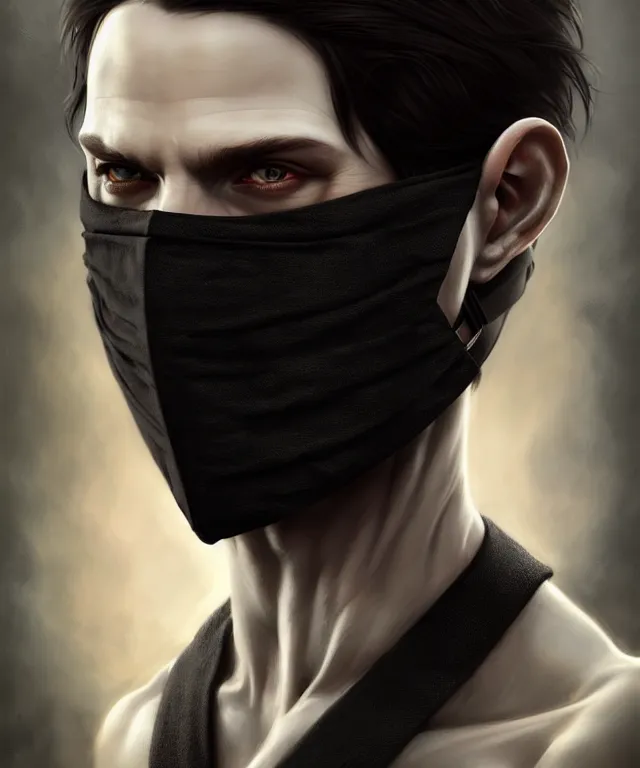 Image similar to white man with black fabric mask, short dark hair, highly detailed face!!!, true anatomy!, extremely detailed!, digital painting, unreal engine 5, art by tom bagshaw