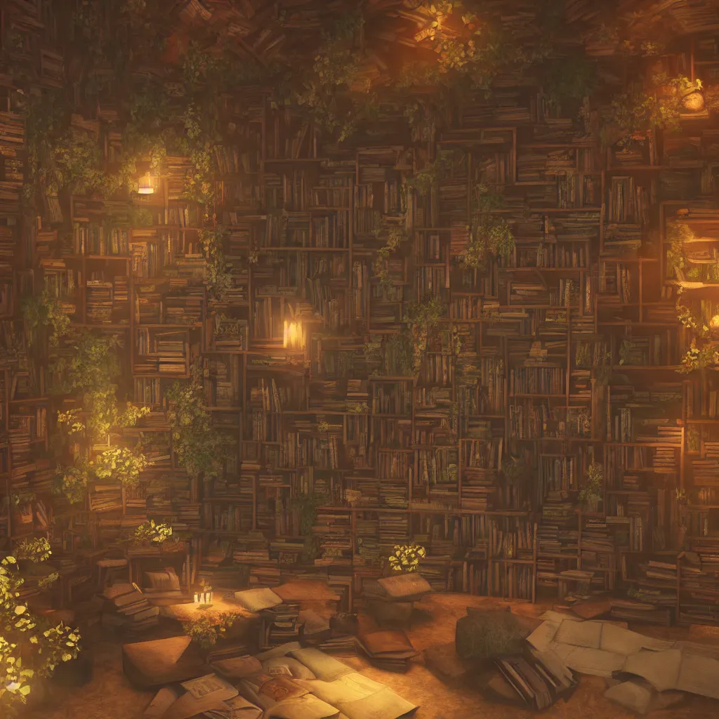 Image similar to there are many books and bookshelves in a warm hut, spiral, unreal engine, global illumination, flowers, smoke, detailed and intricate environment, mysterious, comfort, in the style of aetherpunk