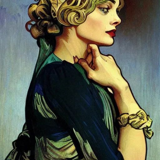 Prompt: margot robbie, extremely detailed, french noveau, alphonse mucha