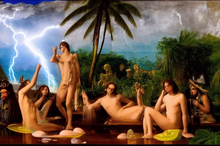 Image similar to The chalice of the occult, refracted sparkles, thunderstorm, greek pool, beach and Tropical vegetation on the background major arcana sky and occult symbols, by paul delaroche, hyperrealistic 4k uhd, award-winning, very detailed paradise