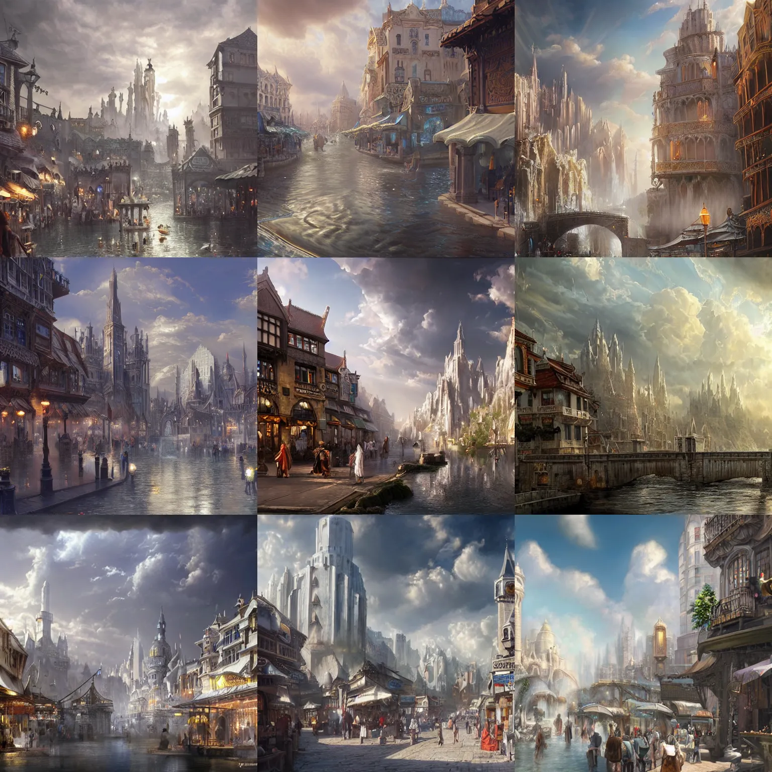Prompt: beautiful fantasy city made from white stone and bright copper, medieval city, metropolis, at street corner of a busy market, magic, waterways, ( waterfalls ), gorgeous clouds, white marble, god rays, digital art, landscape, fantasy art, octane render, ureal engine, high detail, very realistic, by greg rutkowski. by james gurney