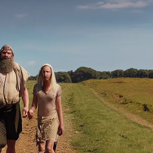 Prompt: medieval setting, large tall farmer, ex - soldier, stoic face, grizzled beard, with small teenage daughter with black hair, pale skin and birthmark on pretty face, walking a few fee behind him, walking along muddy road towards a village in the distance, cloudless blue sky, still from film, cinematic, two - shot
