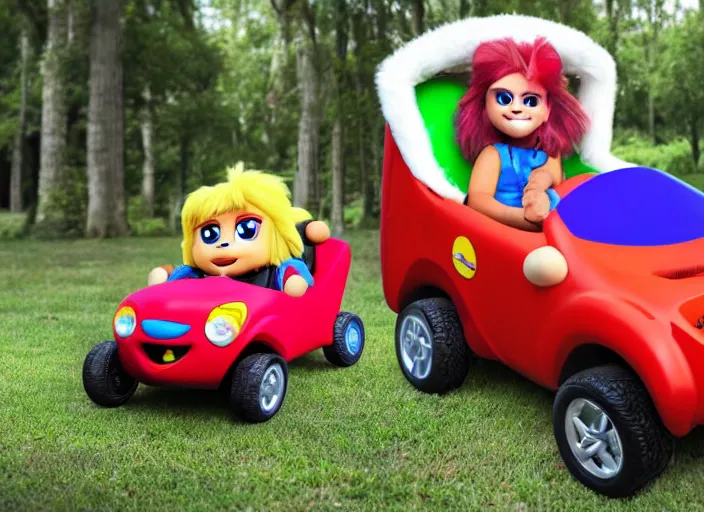 Image similar to the ultimate warrior driving a little tikes cozy coupe, movie still, from the new fast and furious movie, 8 k, realistic