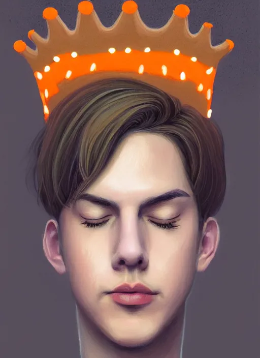 Image similar to portrait of teenage jughead jones wearing a light grey crown, symmetrical crown, sweater with picture of hamburger, eyes closed, crown, black hair, orange, intricate, elegant, glowing lights, warm lighting, highly detailed, digital painting, artstation, concept art, smooth, sharp focus, illustration, art by wlop, mars ravelo and greg rutkowski