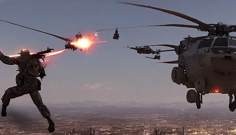 Prompt: Big budget movie about a cyborg demon helicopter attacking a soldier with a minigun