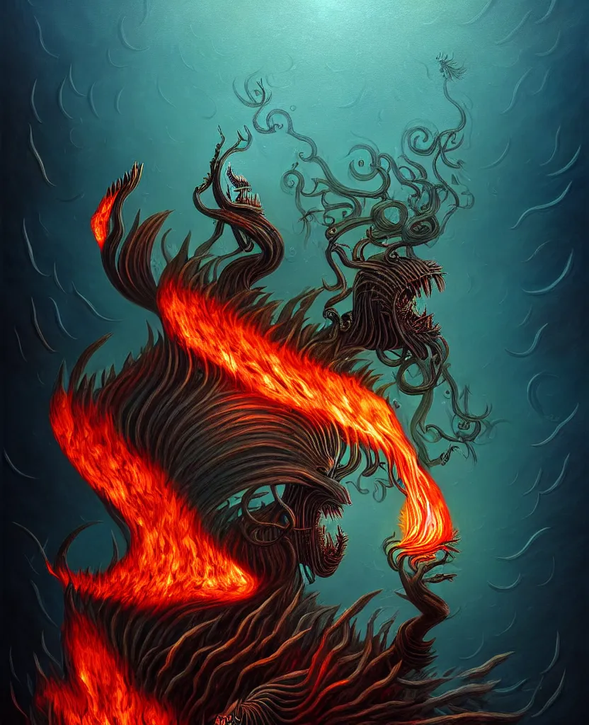 Image similar to mysterious bestiary of wild emotion monsters repressed in the deep sea of unconscious of the psyche lead by baba yaga, about to rip through and escape in a extraordinary revolution, dramatic fire glow lighting, surreal painting by ronny khalil