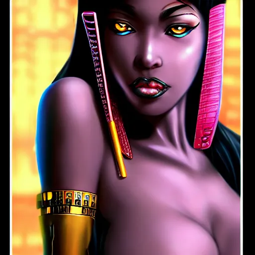 Image similar to cinematic, full shot, realistic cyberpunk african cleopatra bitten by a snake, beautiful face, beautiful body, hajime sorayama, h 7 6 8