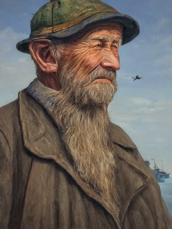 Prompt: realistic renderings portrait of very old fisher man portrait with a hat, wearing a fisher 🧥, coloured wears, ( ( ( ( ( a bird in the sky ) ) ) ) ) ponton port scene background, astonishing scenes, detailed, photorealism, volumetric lighting, autumn lights colors, ultra detailed