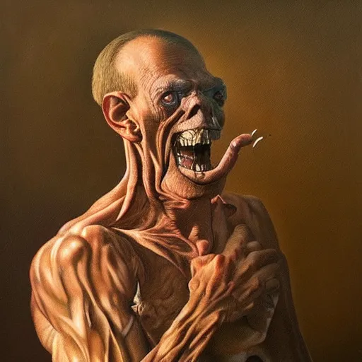 Image similar to oil painting by christian rex van minnen of a portrait of an extremely bizarre disturbing mutated man with intense chiaroscuro lighting perfect composition