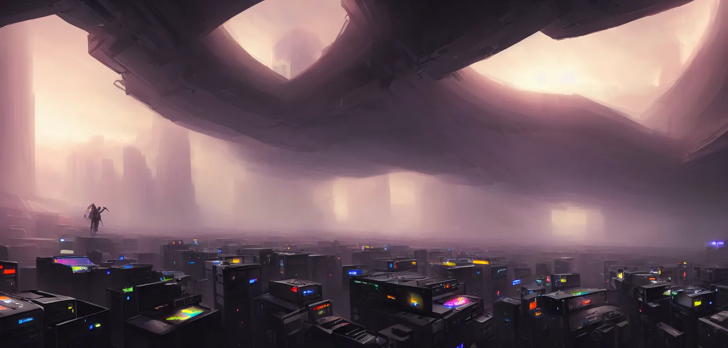 Image similar to hackers hooked directly into computers, wired in, in a highly detailed server room with computers everywhere, cinematic view, epic sky, detailed, concept art, low angle, high detail, warm lighting, volumetric, godrays, vivid, beautiful, trending on artstation, by jordan grimmer, huge scene, art greg rutkowski