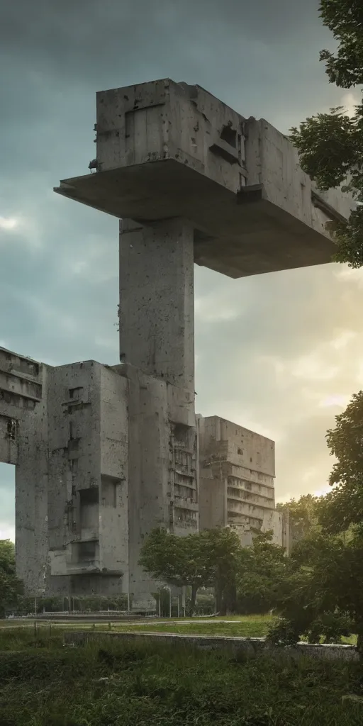 Image similar to brutalist architecture by Le Corbusier, high magnificent abandoned buildings, surrounded by lush green vegetation, stunning volumetric lighting, sunset, solid concrete, stunning skies, trending on Artstation, 8k, photorealistic, hyper detailed, unreal engine 5, IMAX quality, cinematic, epic lighting, in the style of DOOM and Quake and Greg Rutkowski