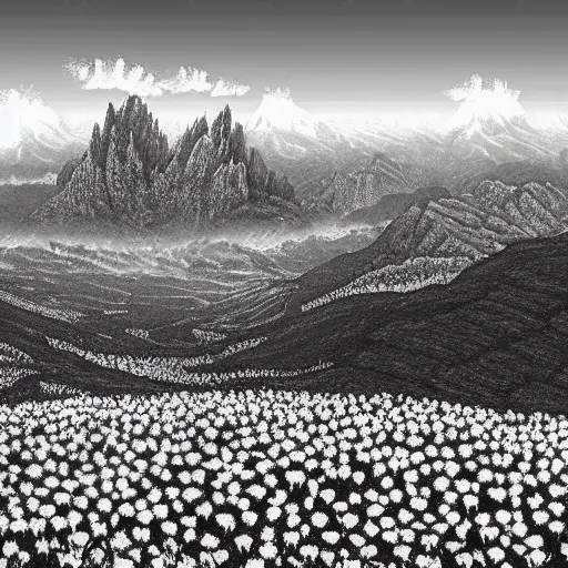 Prompt: Tall mountains, flower field by Kentaro Miura, highly detailed, black and white